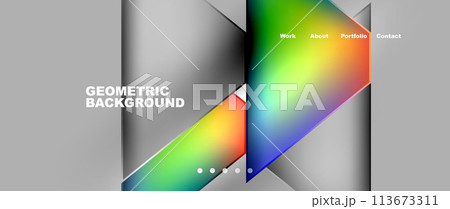 Geometric shapes with a rainbow arrow on a gray background 113673311