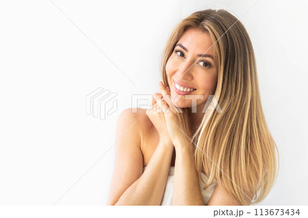 Beautiful gorgeous woman looking at camera isolated on white. Beauty healthy facial skin care Beautiful gorgeous woman looking at camera isolated on white. Beauty healthy facial skin care 113673434