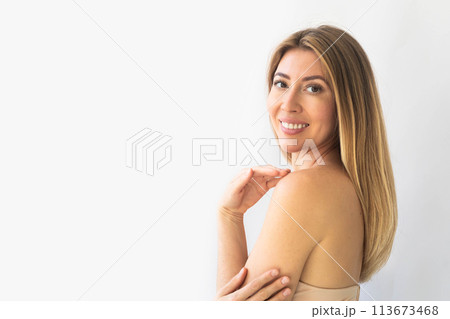 Beautiful gorgeous woman looking at camera isolated on white. Beauty healthy facial skin care Beautiful gorgeous woman looking at camera isolated on white. Beauty healthy facial skin care 113673468