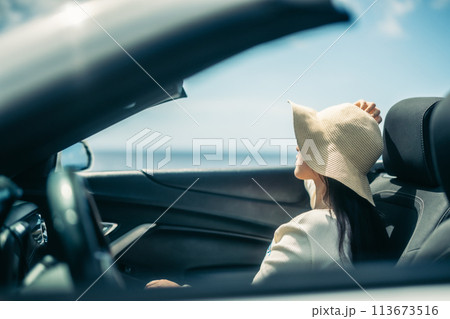 オープンカーの窓から海を眺める女性 113673516
