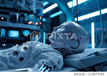 Robot in the laboratory. Futuristic artificial intelligence. Robot in the laboratory. Futuristic artificial intelligence. 113673585
