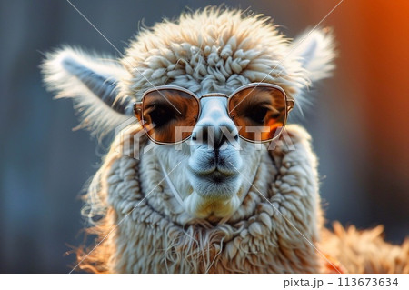 Portrait of an alpaca wearing sunglasses. Portrait of an alpaca wearing sunglasses. 113673634