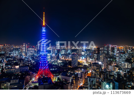 特別点灯で青くライトアップされた東京タワーのとても美しい夜景 113673669