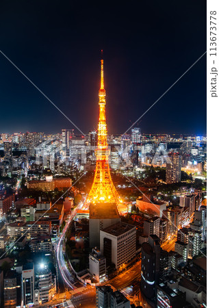 ライトアップされた東京タワーのとても美しい夜景 113673778