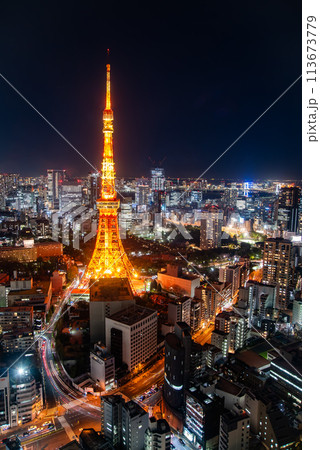 ライトアップされた東京タワーのとても美しい夜景 113673779