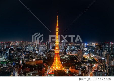 ライトアップされた東京タワーのとても美しい夜景 113673780