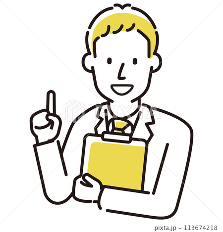 定番　伝わる 人物イラスト 提案する　スーツの若い男性定番　伝わる 人物イラスト指差しする　スーツの 113674218