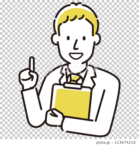定番　伝わる 人物イラスト 提案する　スーツの若い男性定番　伝わる 人物イラスト指差しする　スーツの 113674218