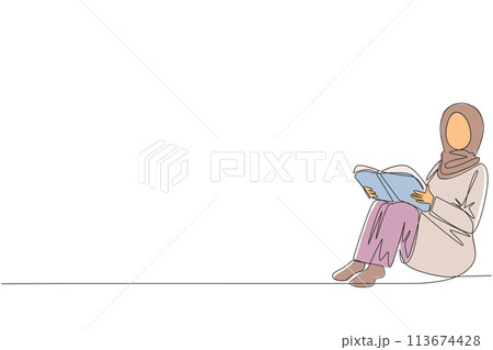 Continuous one line drawing Arab woman sitting reading book. New hobby of reading books help to relax. One book one day. Good habits. Book festival concept. Single line draw design vector illustration 113674428