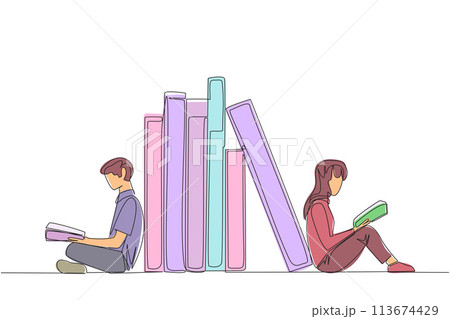 Single continuous line drawing man woman reading sitting leaning against a pile of books. Habit of reading books every day. Library. Good habit. Book festival concept. One line vector illustration 113674429