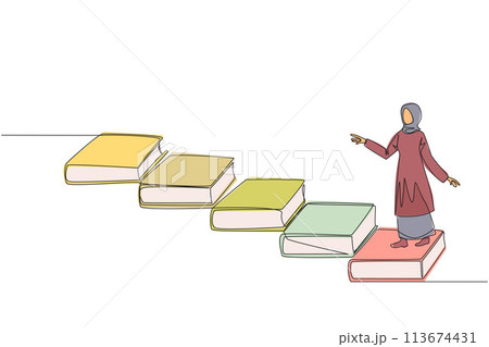 Single continuous line drawing Arab woman climb stairs from books. Reading increases knowledge which can increase the dignity of better life. Book festival concept. One line design vector illustration 113674431