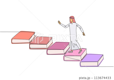 Single continuous line drawing Arab man climb stairs from books. Reading increases knowledge which can increase the dignity of a better life. Book festival concept. One line design vector illustration 113674433