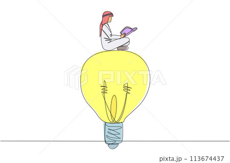 Single one line drawing Arabian man sitting on big lightbulb. Read with focus and serious. Metaphor looking for brilliant idea from scientific book. Book festival. Continuous line graphic illustration 113674437