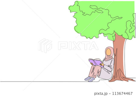 Continuous one line drawing Arab woman sitting reading book under shady tree. Continuing second volume of the fiction story book. Enjoy reading. Book festival. Single line design vector illustration 113674467
