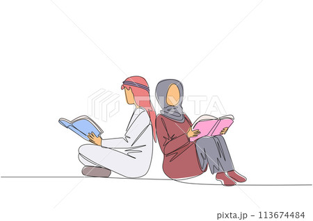 Single continuous line drawing Arab man woman sitting while reading the book. Reading the books to learn. The fast learner. Book festival concept. Happy reading. One line design vector illustration 113674484