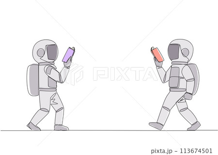 Single continuous line drawing two astronauts walking face to face reading books. Gesture of memorizing something from a book. Addicted to reading. Book festival. One line design vector illustration 113674501