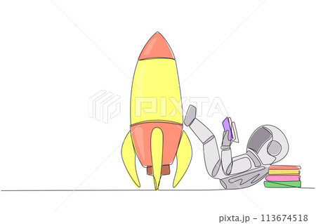 Single continuous line drawing astronaut lying on back while reading a book. Eliminate nervous by relaxing by reading a fiction book. Very good habit. Space book festival. One line vector illustration Single continuous line drawing astronaut lying on back while reading a book. Eliminate nervous by relaxing by reading a fiction book. Very good habit. Space book festival. One line vector illustration 113674518