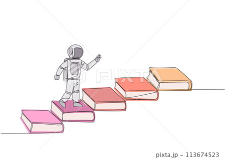 Continuous one line drawing astronaut climb stairs from books. Reading increases knowledge which can increase the dignity of better life. Book festival concept. Single line design vector illustration 113674523