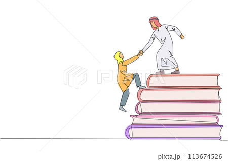 Continuous one line drawing Arab man helps Arab woman climb pile of books. Concept of helping each other to succees together. Knowledge source book. Book festival. Single line draw vector illustration 113674526