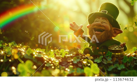 leprechaun surrounded by piles of gold in a field of four leaf clovers Rainbow abound. Generative AI 113674632