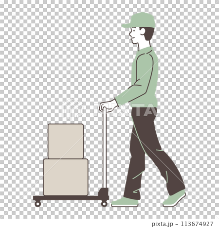 男外送員推著手推車提著行李-插畫素材 113674927