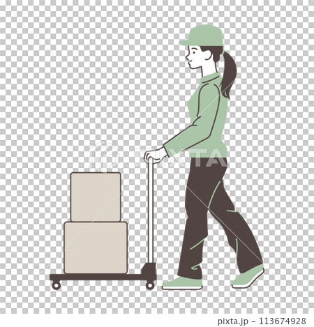 台車で荷物を運ぶ女性配達員・イラスト素材 113674928