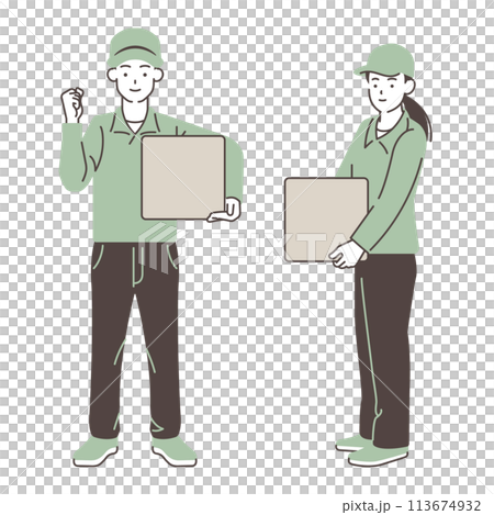 Illustration material of male and female delivery staff delivering packages with a smile 113674932