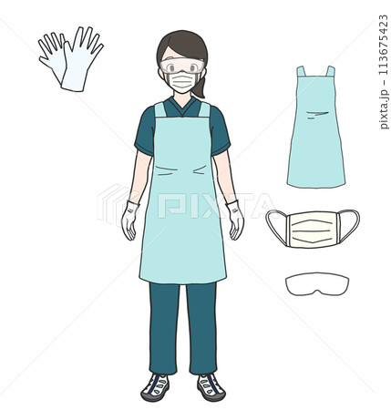 ユニフォームを着た人物（エプロン・マスク・ゴーグル・手袋） 113675423