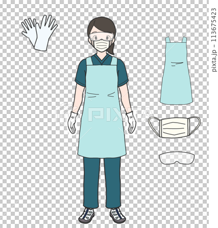 穿著制服的人（圍裙、口罩、護目鏡、手套） 113675423