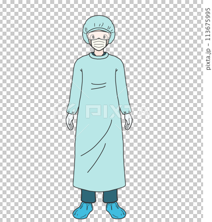 Person in uniform (hat, gown, goggles, mask, gloves, shoe covers) 113675995