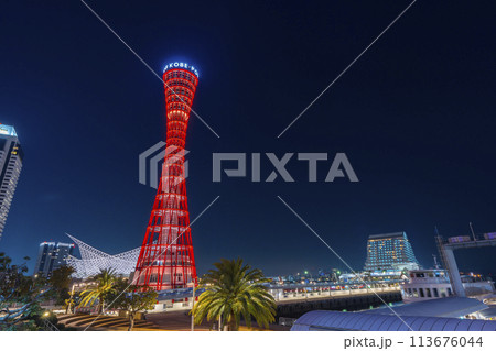 メリケンパーク　神戸ポートタワーの夜景 113676044