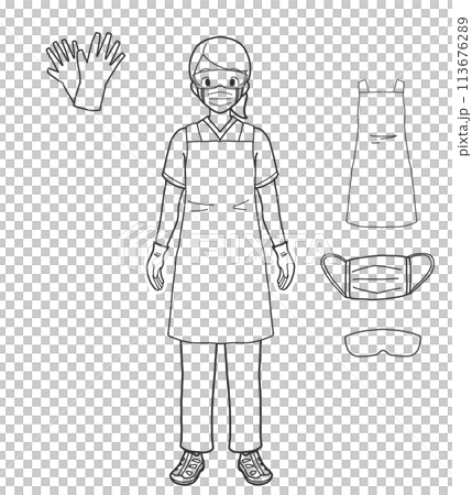 個人防護具（PPE）をつけた人物のイラスト素材（線画） 113676289