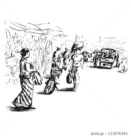 Sketch of local market in Yangon Myanmar 113676391