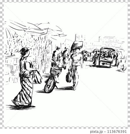 Sketch of local market in Yangon Myanmar 113676391