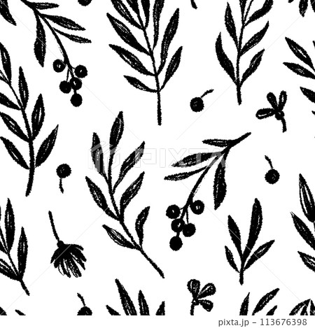 Floral leaf seamless black pattern vector background. Hand drawn crayon abstract texture paint tree leaf seamless brush pattern. Black, white texture leaves floral print. Vector Floral leaf seamless black pattern vector background. Hand drawn crayon abstract texture paint tree leaf seamless brush pattern. Black, white texture leaves floral print. Vector 113676398
