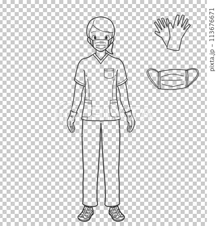 穿著個人防護裝備（PPE）的人的插圖素材（線圖） 113676671