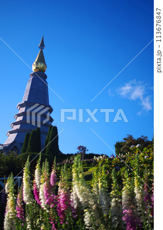 Lanscape of the pagoda on the mountain called Maha Chedi Nopponphumsiri, on Doi Inthanon , a Famous place travel of Chiang Mai, Northern Thailand. Lanscape of the pagoda on the mountain called Maha Chedi Nopponphumsiri, on Doi Inthanon , a Famous place travel of Chiang Mai, Northern Thailand. 113676847