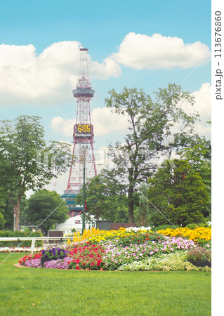the TV tower in Odori Park in central Sapporo. Hokkaido Prefecture Japan For use in making background images 113676860