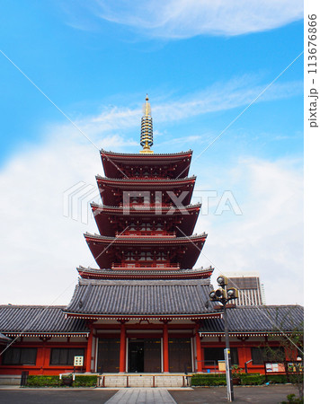 Pagoda at Asakusa Sensoji Temple in Japan. or use in illustrations Background image or copy space 113676866
