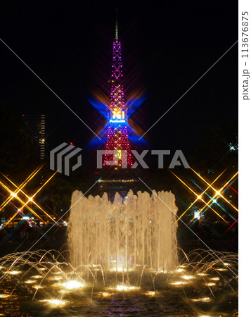 the TV tower in Odori Park in central Sapporo. Hokkaido Prefecture Japan For use in making background images 113676875