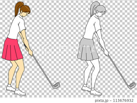 Set of color and monochrome illustrations of female golfers 113676932