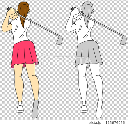 女性ゴルファーのカラー、モノクロのイラストセット 113676936