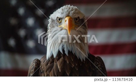 Majestic Bald Eagle Against American Flag. Symbol of Freedom and Patriotism 113678410