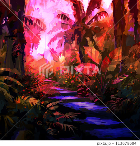 カラフルな夕日に染まったジャングルの森の南洋植物を水彩画アレンジ