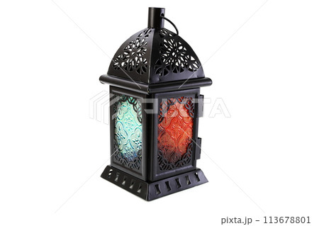 metal lantern decorative candle holder isolated on white background 113678801
