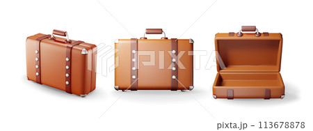 3D set of vintage old travel suitcase isolated. 113678878