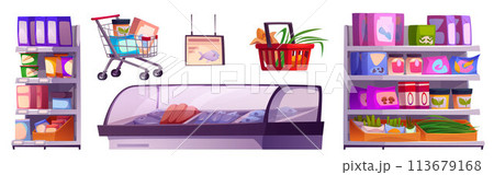 Grocery store aisle interior inside vector cartoon Grocery store aisle interior inside vector cartoon 113679168