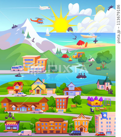 Mountain city map with street road, building, car 113679186