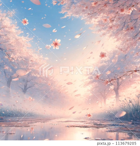 桜吹雪が舞っているどこまでも続く桜並木 113679205