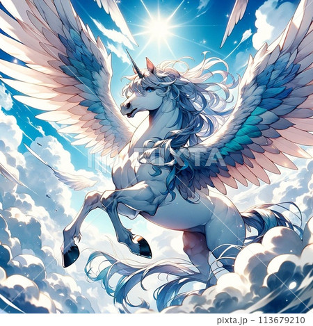 翼を広げて大空を羽ばたく白いペガサス 翼を広げて大空を羽ばたく白いペガサス 113679210